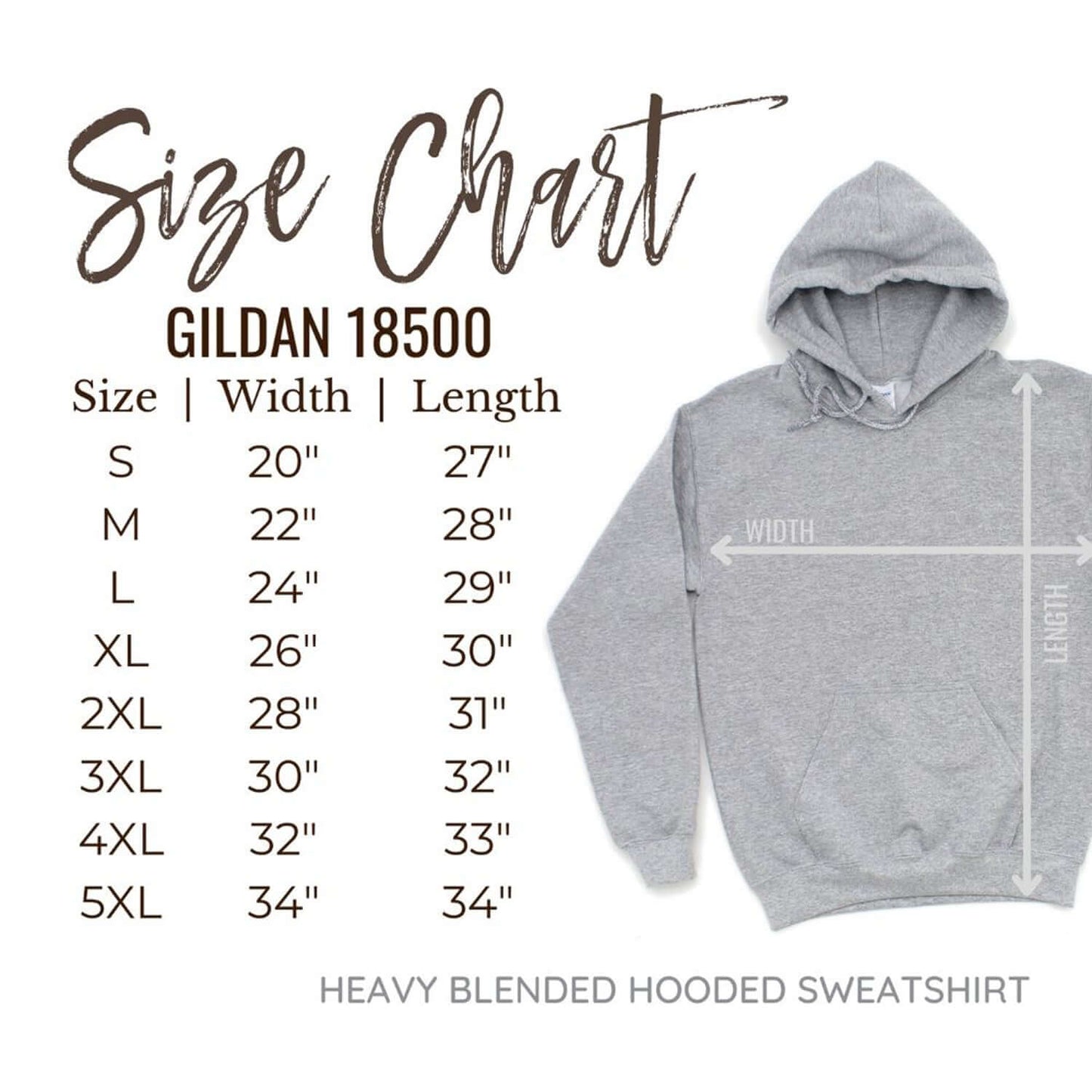 Size chart for Gildan 18500 heavy blended hooded sweatshirt with measurements for sizes S to 5XL.