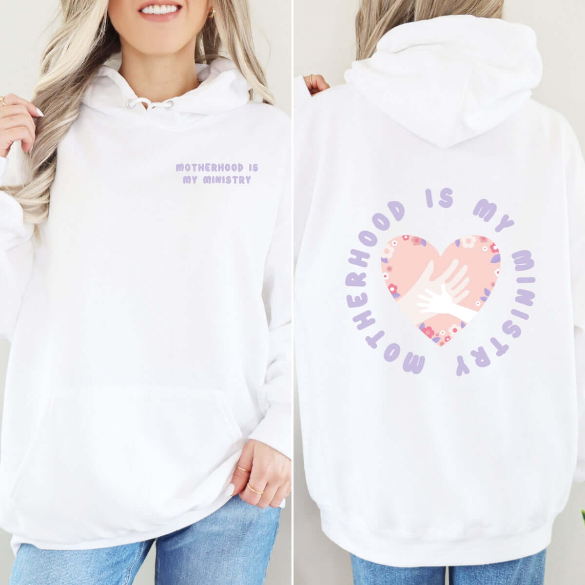 Woman wearing white Motherhood Is My Ministry Christian hoodie, perfect gift for new moms, homeschoolers, and women, featuring inspirational design.