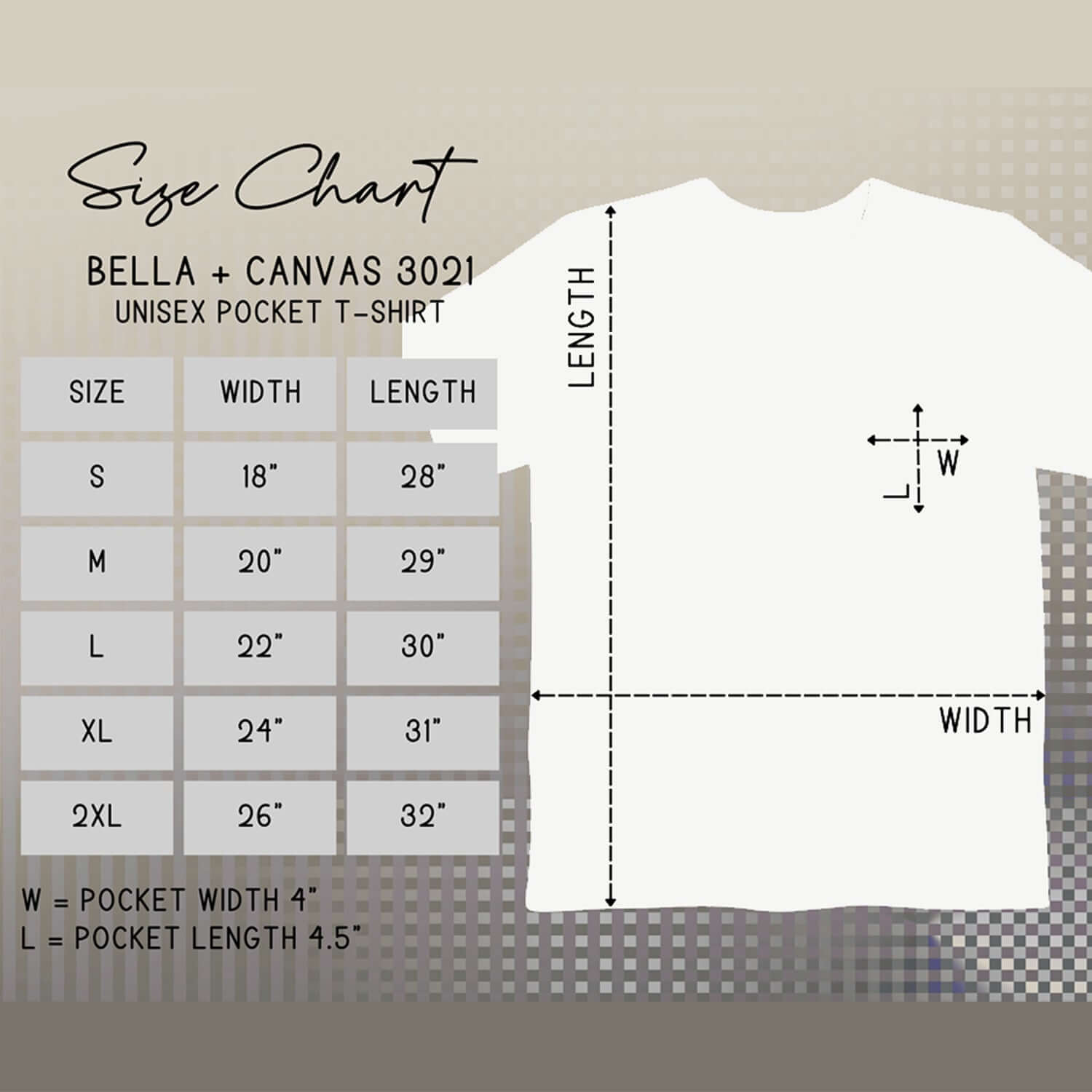 Size chart for the Bella + Canvas 3021 unisex pocket t-shirt showing measurements for sizes S, M, L, XL, and 2XL.