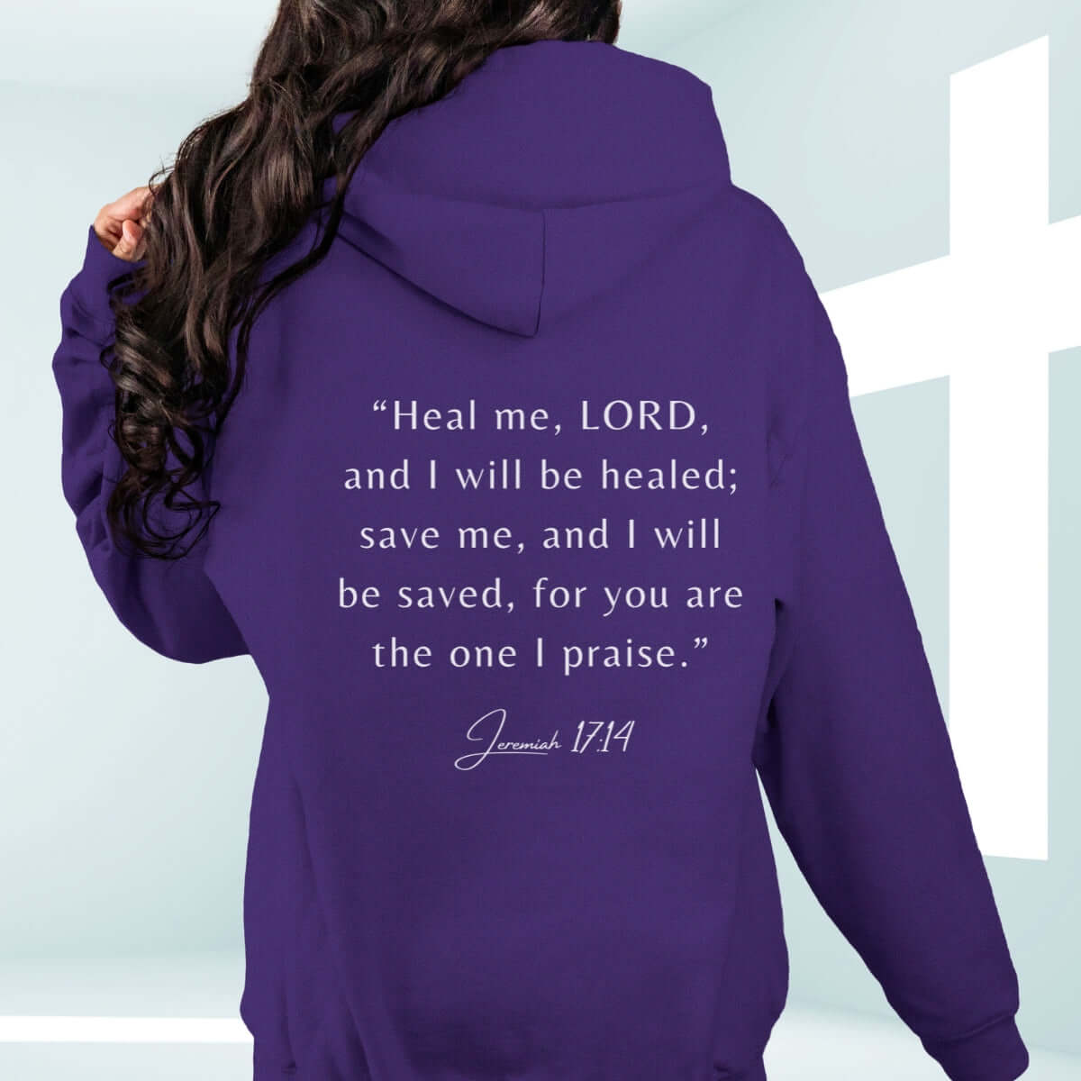 Christian hoodie with Bible verse Jeremiah 17:14, purple faith-based hooded sweatshirt, get well soon gift, inspirational religious apparel