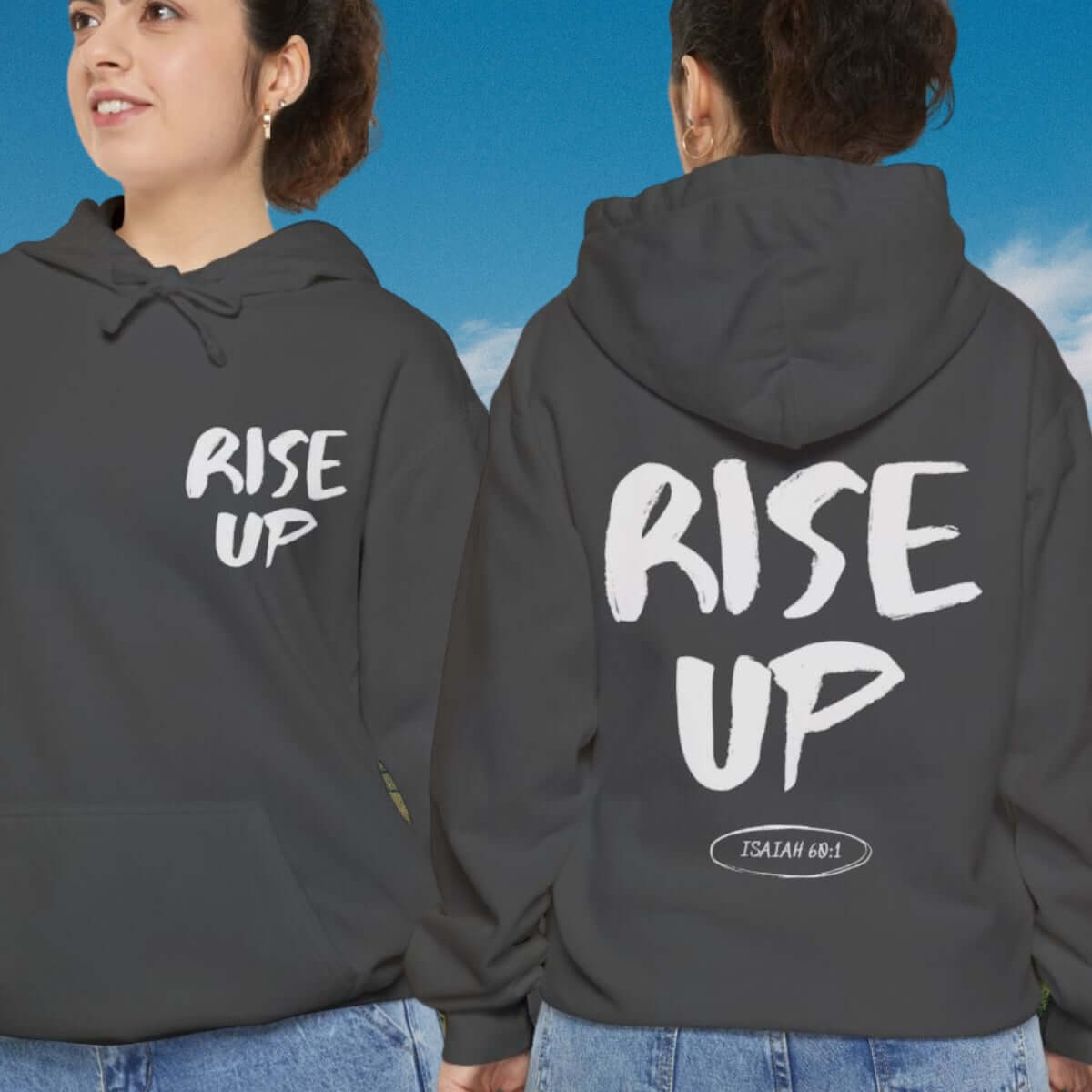 Woman wearing Rise Up Christian hoodie with Bible verse Isaiah 60:1, showcasing faith-based apparel and inspirational church clothing.