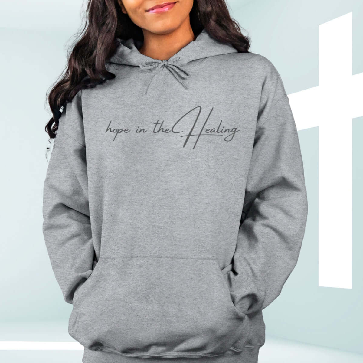 Christian hoodie with "Hope in the Healing" text, perfect get well soon gift, faith-based hooded sweatshirt for inspiration.