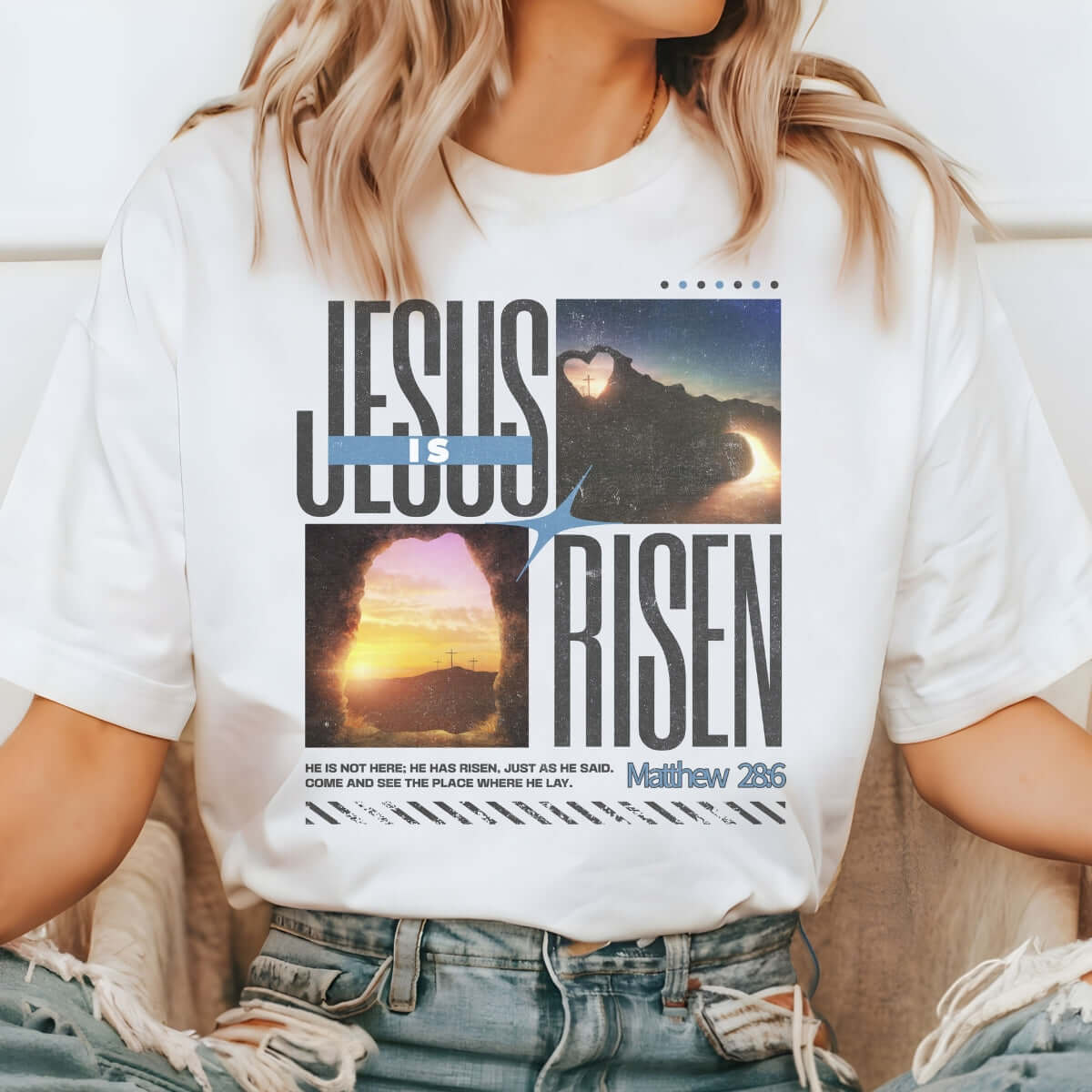  Bible verse design for Easter, Jesus Is Risen T-shirt, perfect Christian Easter apparel and faith-based religious clothing.