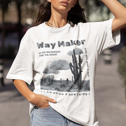 Woman wearing Way Maker Christian t-shirt with Bible verse design, perfect faith shirt for worship and inspirational Christian apparel.