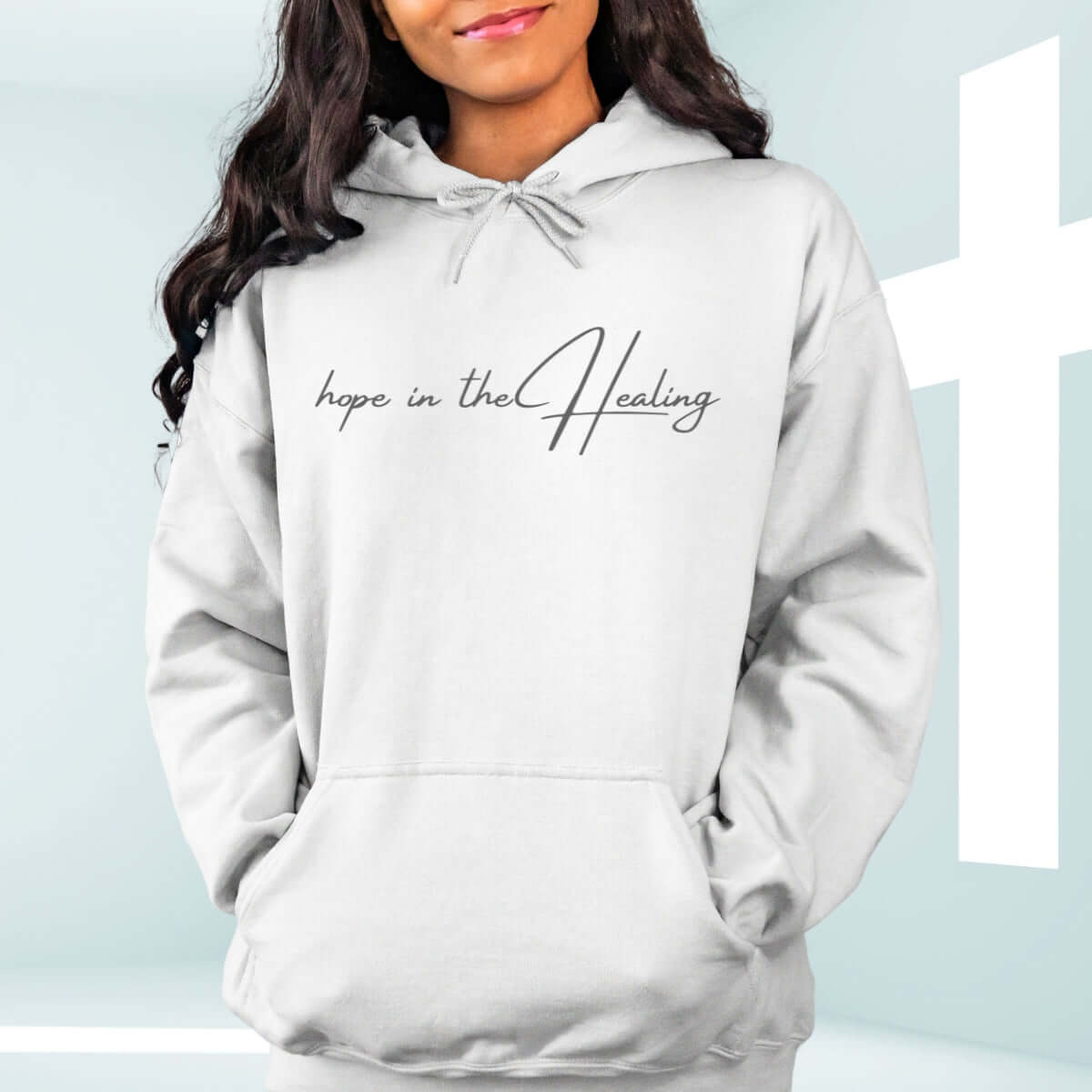 "Hope In The Healing" white Christian hoodie with Bible verse Jeremiah 17:14, inspirational religious hospital gift for cancer survivors.