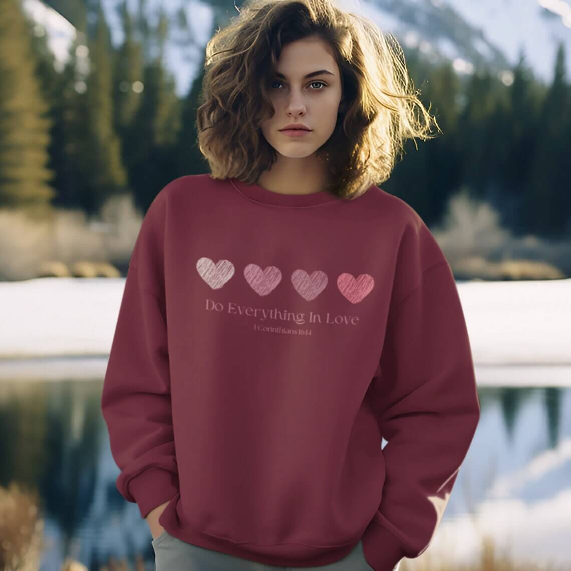 Woman wearing a heart wedding shirt, valentine sweatshirt, with faith-based message "Do Everything In Love" in beautiful natural scenery.