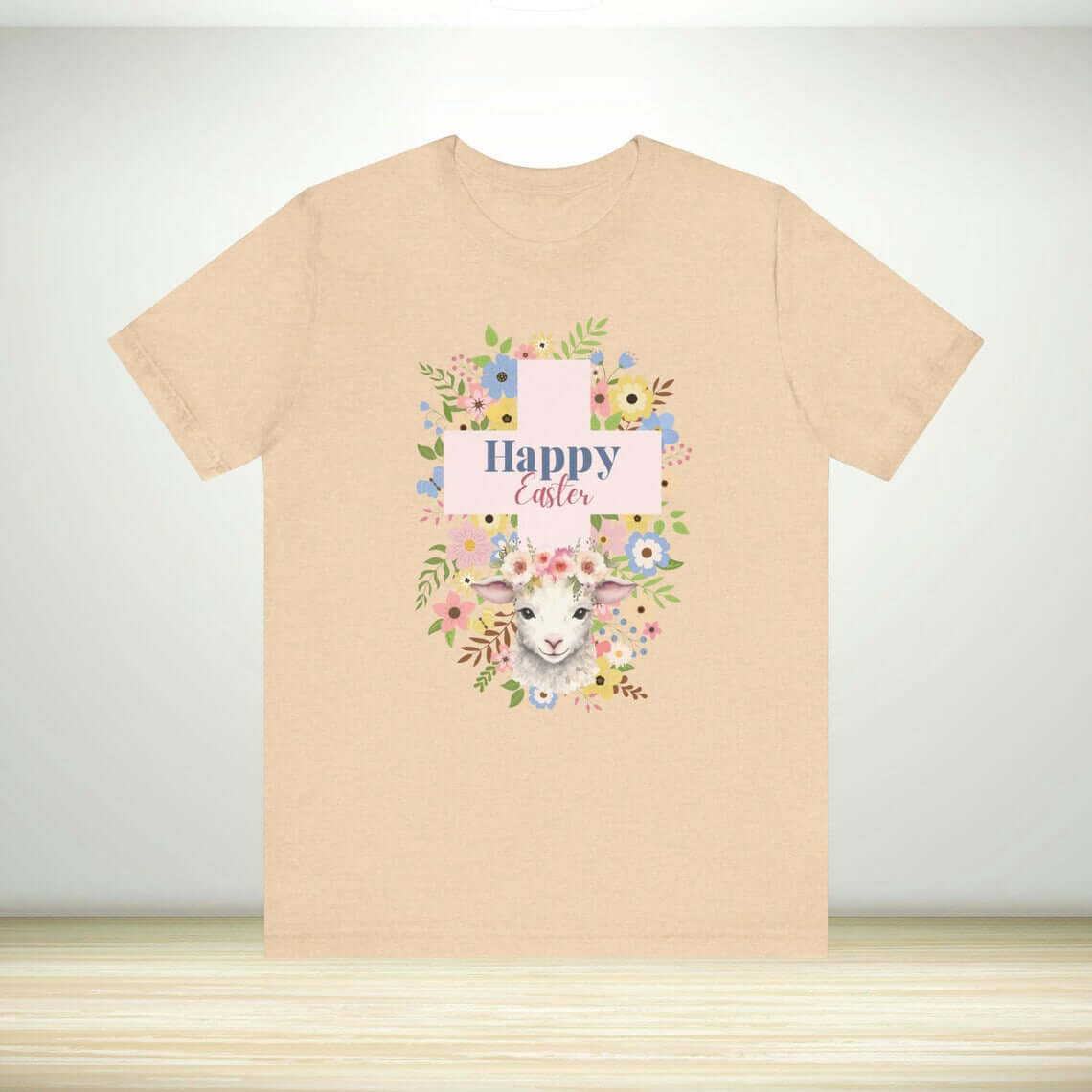 Happy Easter Lamb Christian T-Shirt with Floral Design - Religious Easter Apparel for Church and Gifts