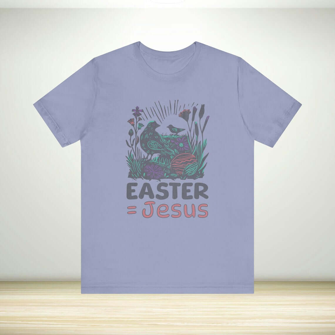 Christian Easter shirt with "Easter Equals Jesus" graphic on soft-washed, garment-dyed fabric, ideal religious t-shirt and Easter gift.