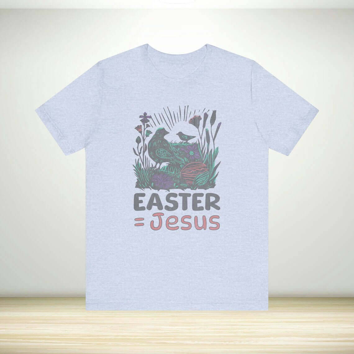 Grey Christian Easter shirt with "Easter Equals Jesus" text and religious graphic design, perfect for faith-based apparel and Bible verse sharing.