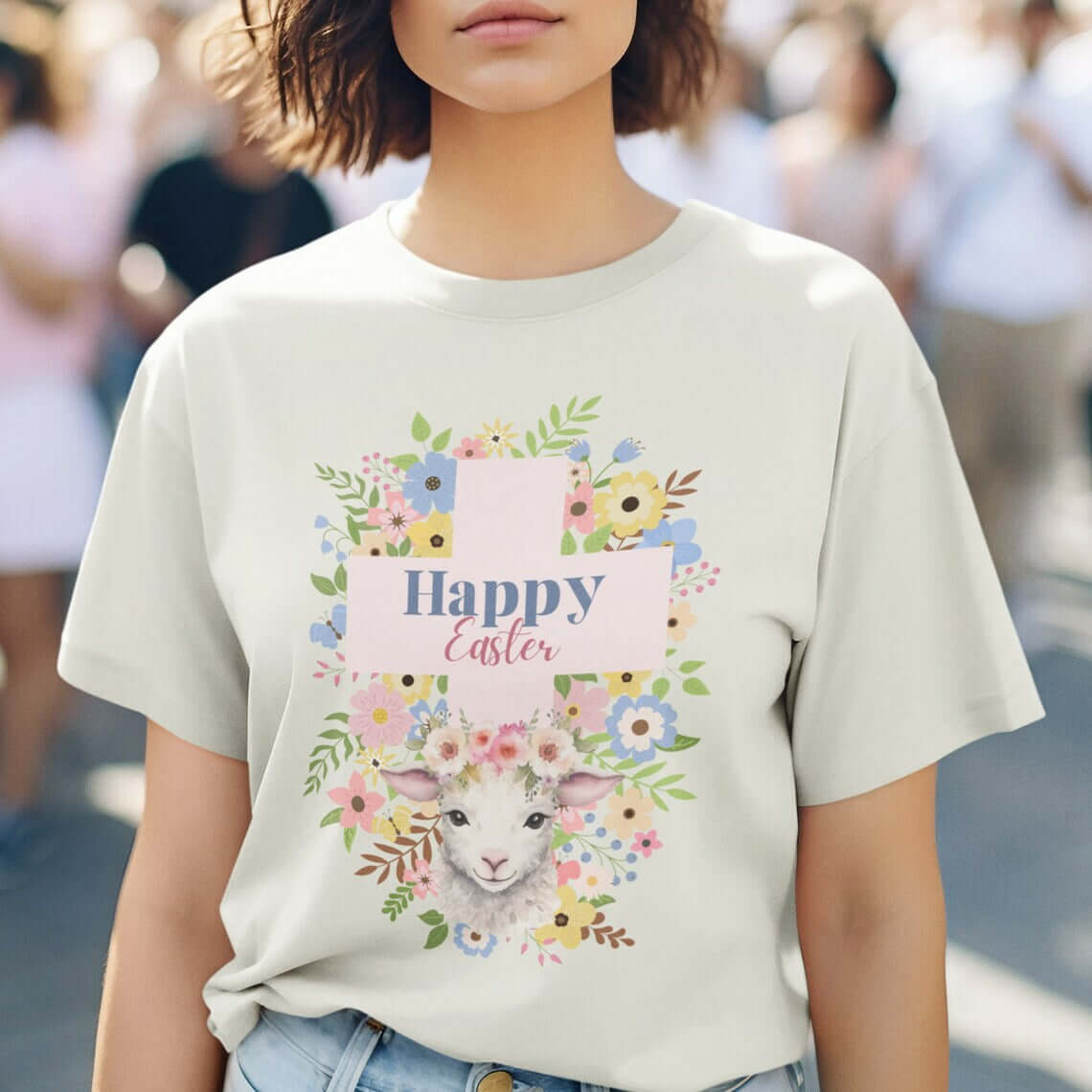 Woman wearing a Happy Easter Lamb Christian t-shirt with floral cross design, perfect for religious Easter celebrations and church gatherings