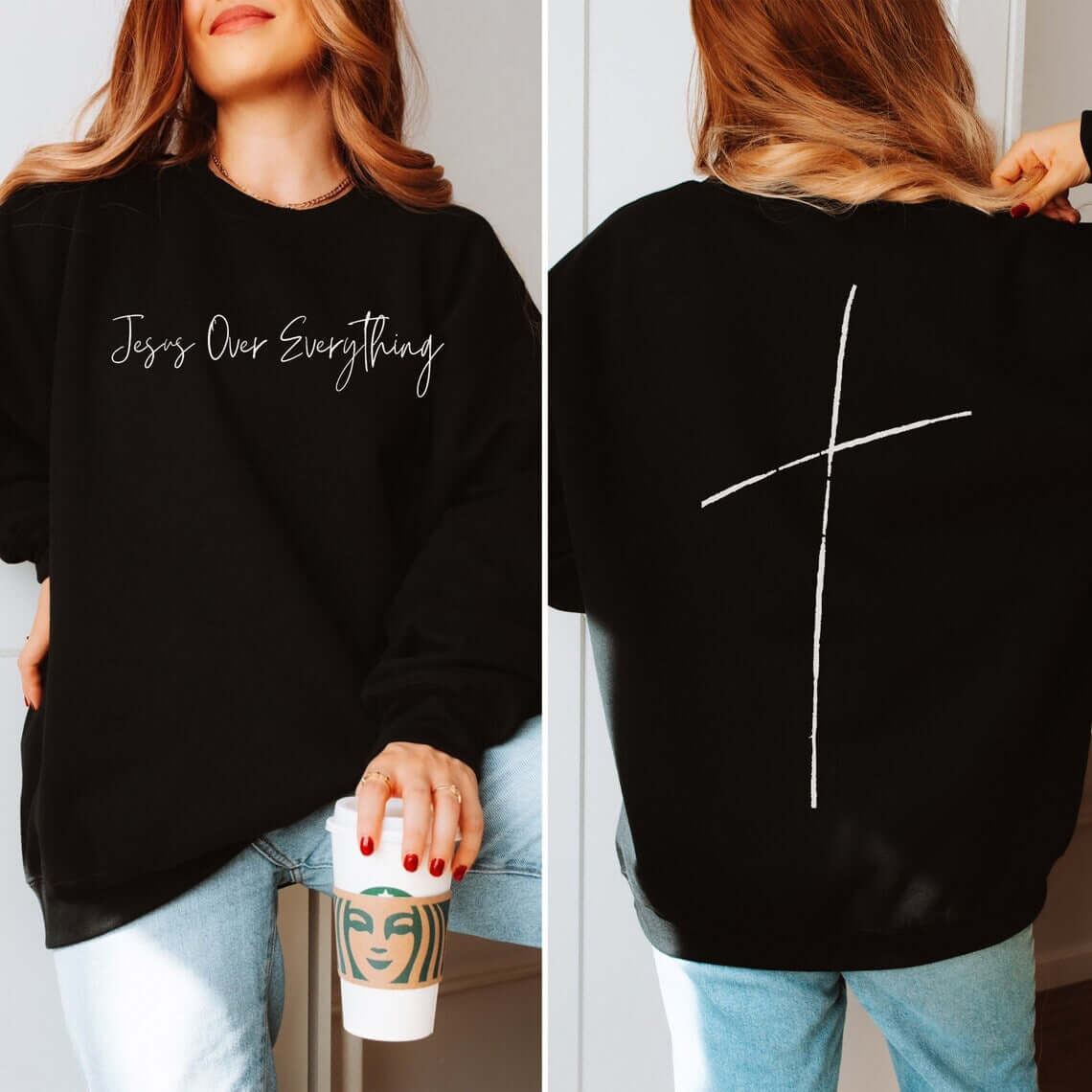 Women's black Cross On Back Sweatshirt with "Jesus Over Everything" Bible verse, perfect Christian apparel for faith and inspiration.