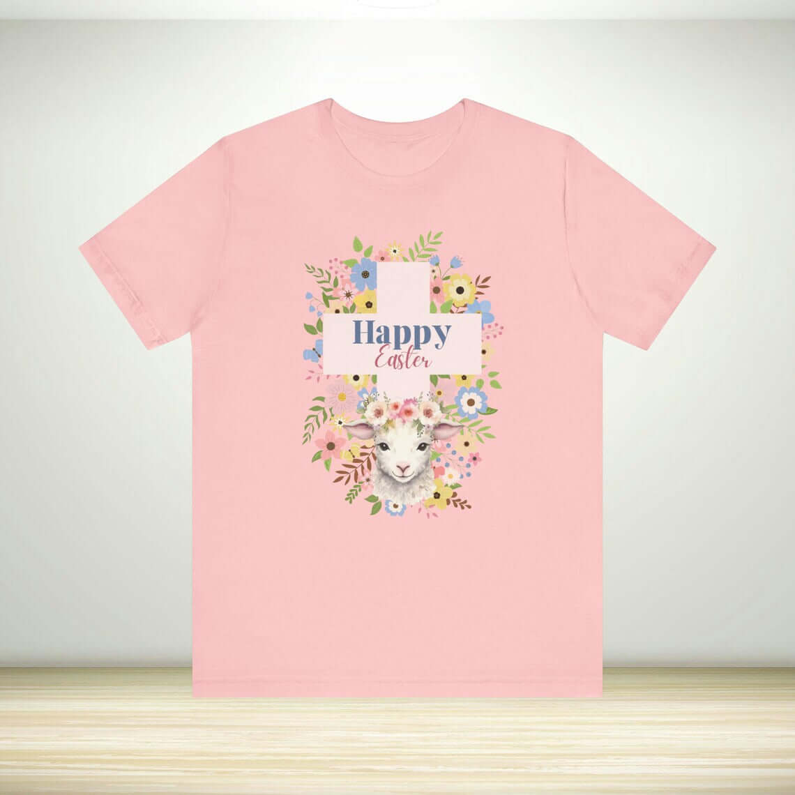 Pink Happy Easter Lamb Christian t-shirt with floral design, an Easter religious tee perfect for church, a gift, and Christian Easter celebrations.