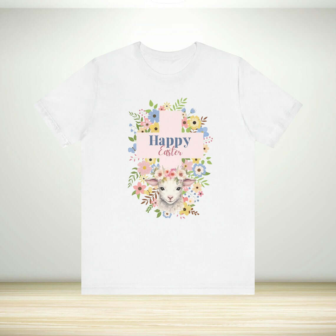 Christian Easter shirt with Happy Easter message and lamb graphic, perfect religious Easter gift and church tee for faith-based celebrations.