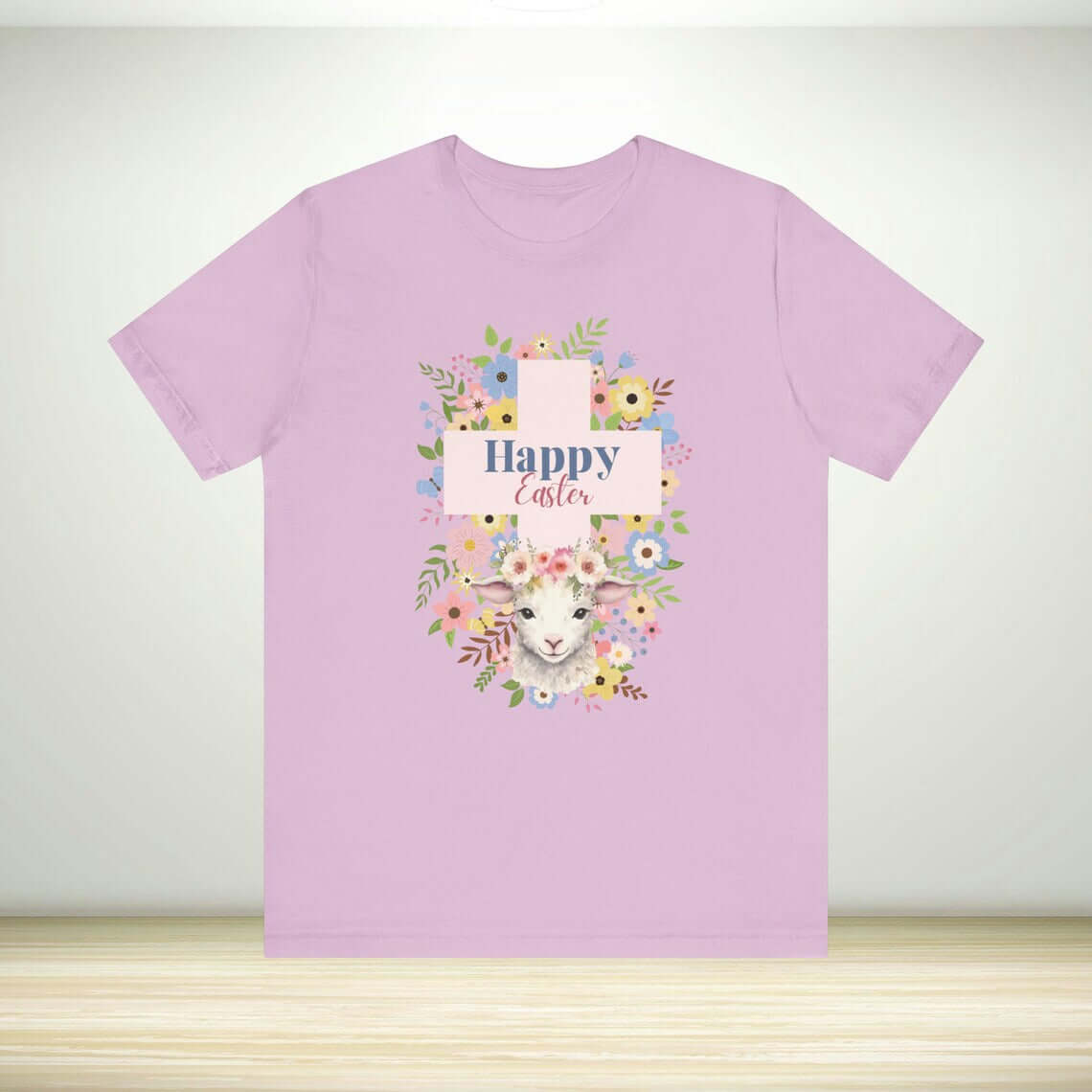 Christian Easter shirt with Happy Easter lamb design, perfect for religious Easter celebrations and church gatherings.