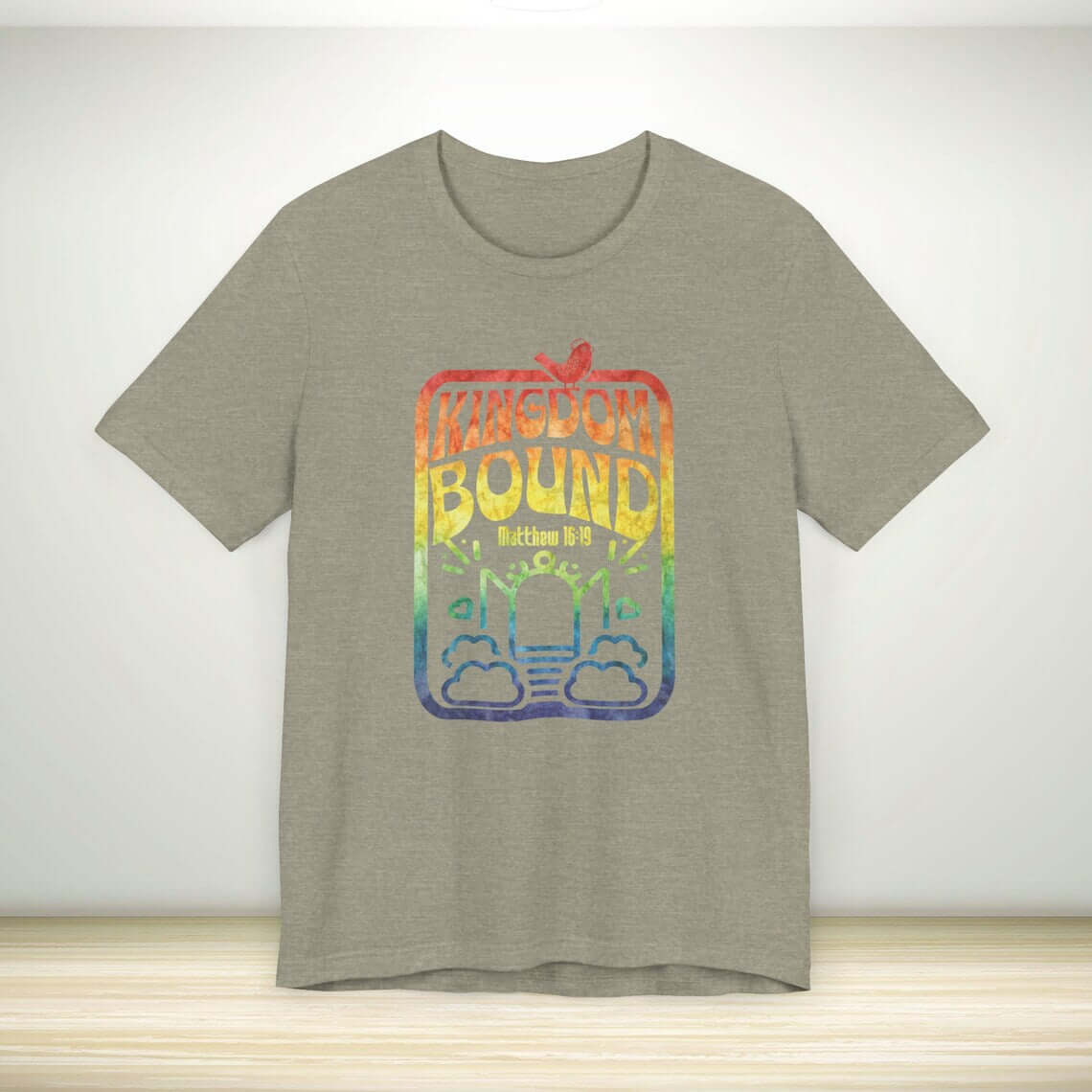 Kingdom Bound Christian t-shirt with bible verse design in rainbow colors, perfect for worship and church, faith-based apparel.