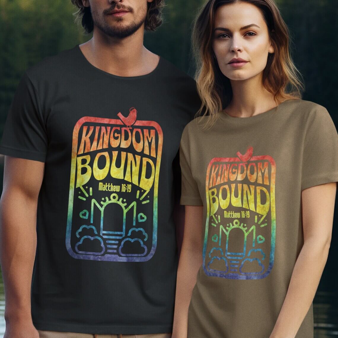 Couple wearing Kingdom Bound Christian shirts with Bible verse, colorful text, and retro design. Perfect church and faith apparel.