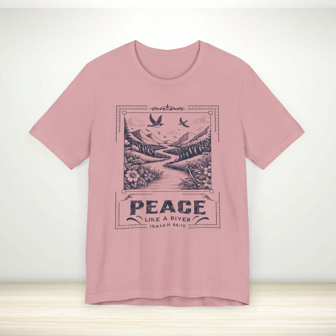 Peace Like A River Christian Tee Bible Verse Shirt featuring Isaiah 66:12, faith-based religious t-shirt in a nature-inspired boho design.