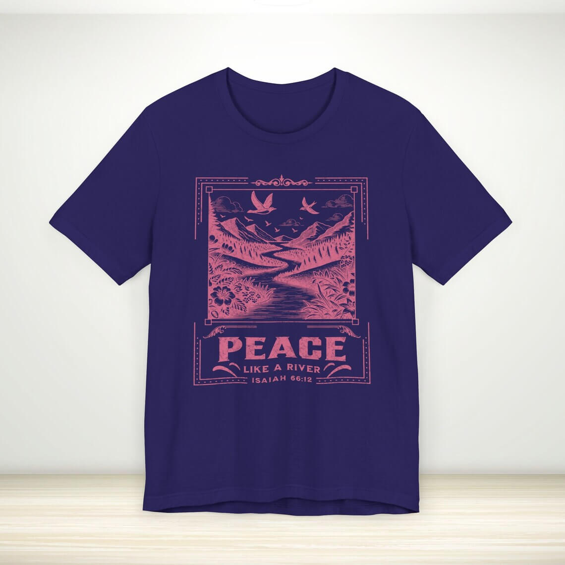 Peace Like A River Christian Tee with Bible Verse, featuring nature design. Faith apparel perfect as a church t-shirt and Mother's Day gift.