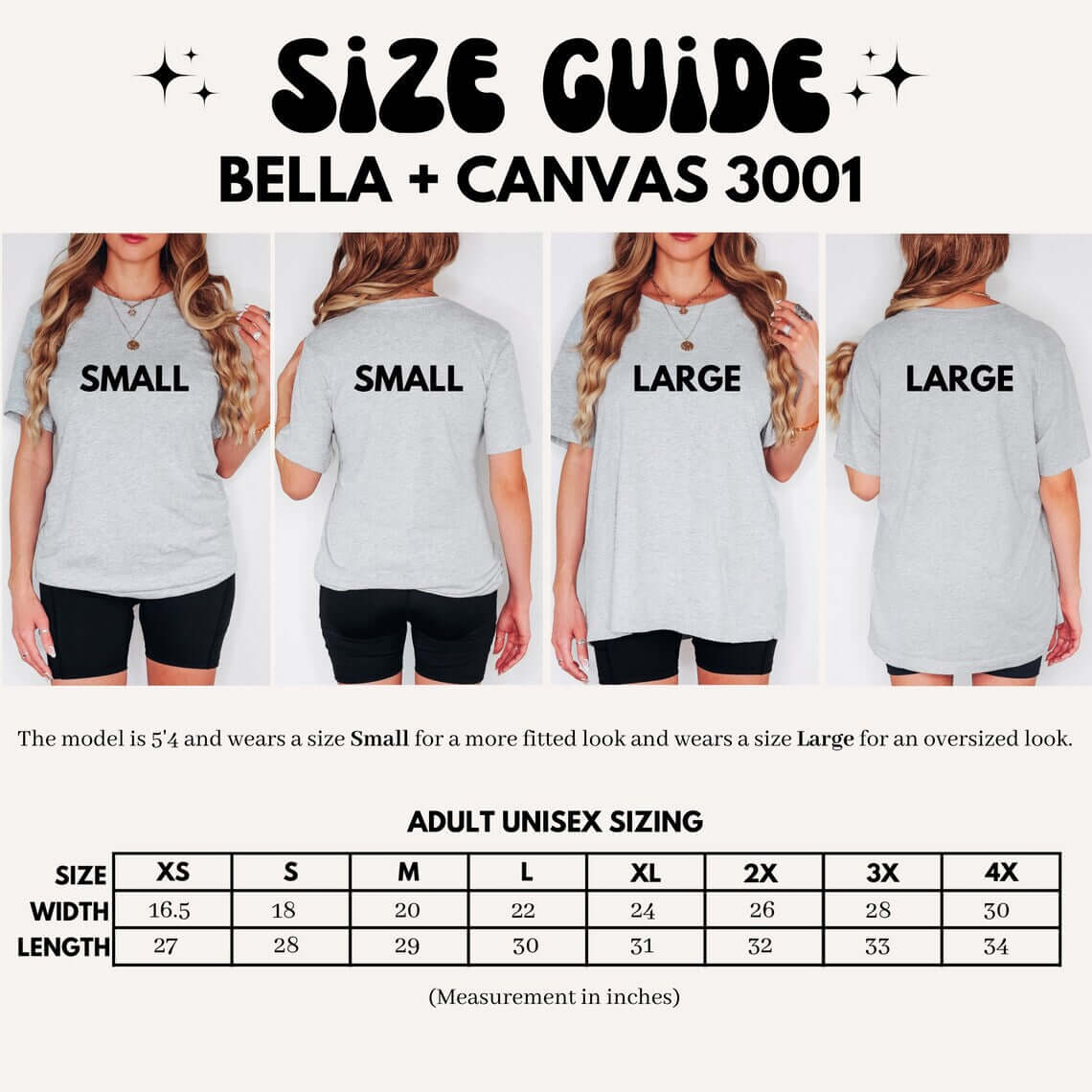 Size guide for Bella + Canvas 3001 shirt showing model wearing Small and Large sizes with adult unisex sizing chart.