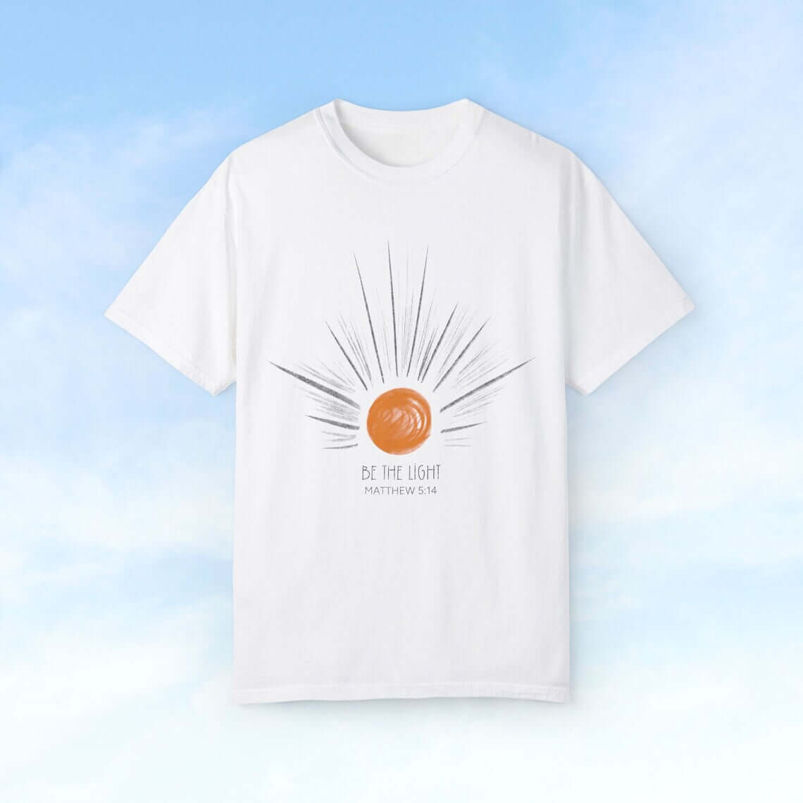 Be The Light Sunburst Christian T-shirt with sun rays design, perfect faith-based gift for mom or her. Celestial, vintage Christian apparel.