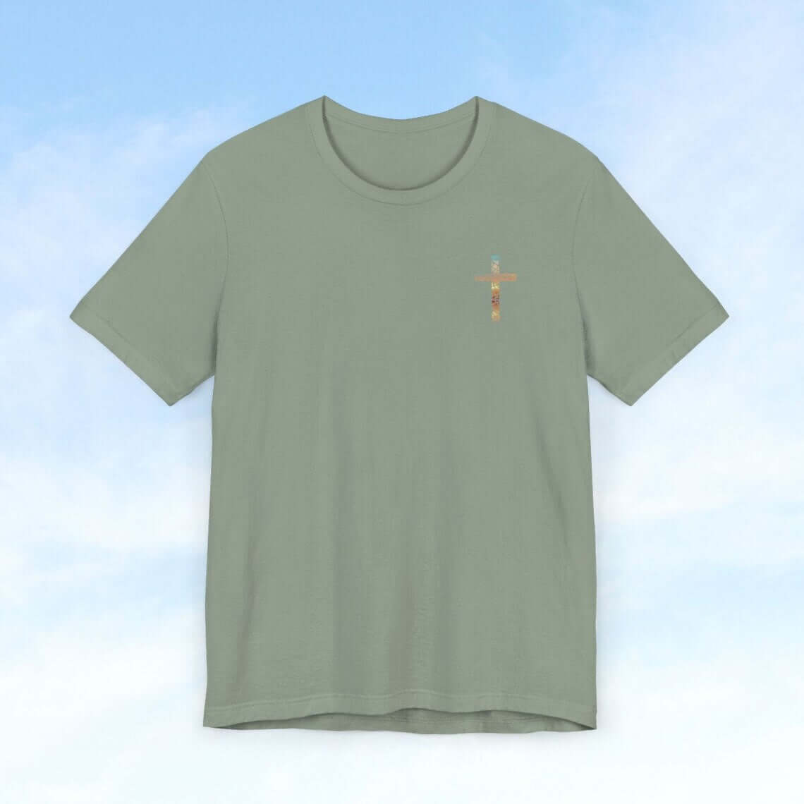 "Broken Pieces Into Masterpieces Christian Shirt with Bible Verse Ephesians 2:10, Front Graphic on Sage Green T-Shirt"