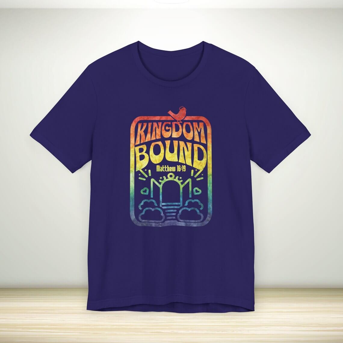 Kingdom Bound Christian t-shirt with Bible verse Matthew in retro design, faith-based apparel for worship and church outfits