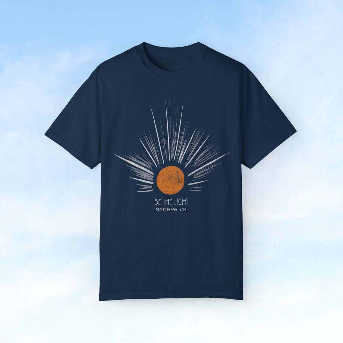 Be the Light Sunburst Christian T-Shirt with Bible Verse Matthew 5:14 on Navy Blue, Perfect Gift for Mom, Faith-Inspired Celestial Design