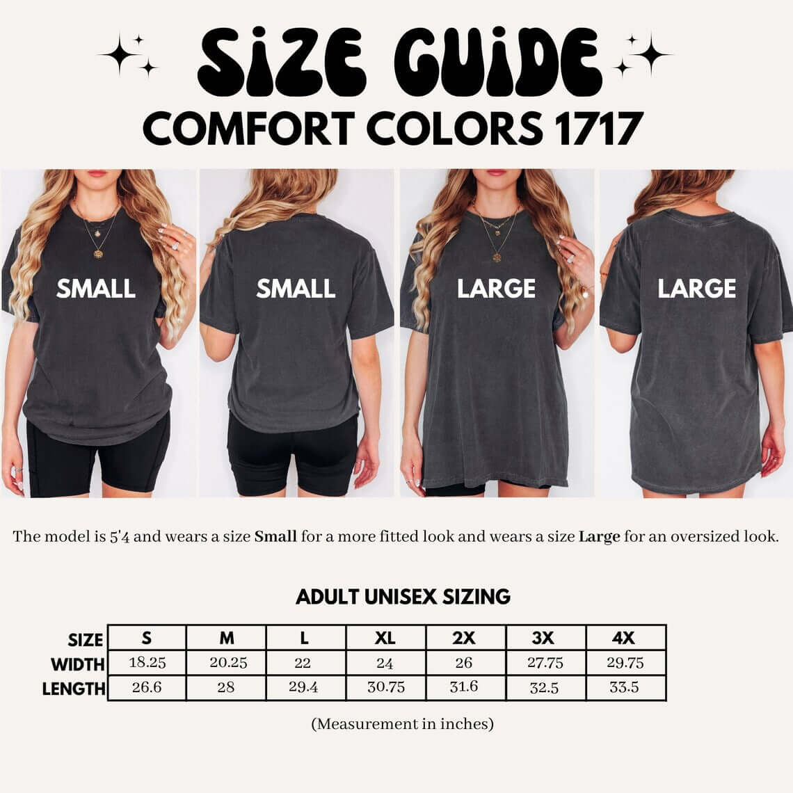 Size guide for Comfort Colors 1717 Christian t-shirts, showing models wearing small and large sizes with detailed adult unisex sizing chart.